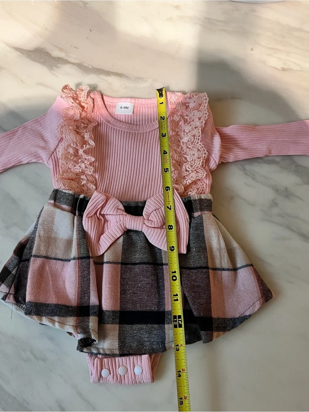 Baby Girl Pink Plaid Lace Ruffle Skirted Romper With Headband 6-9M